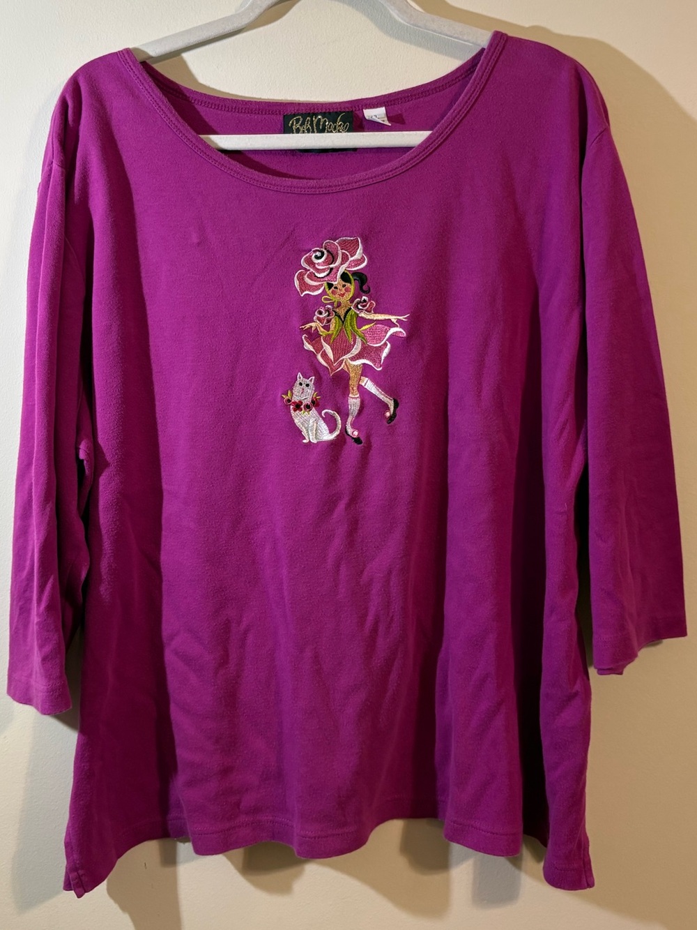 Bob Mackie Wearable Art top women’s XL pink 3/4 sleeve embroidered girl and cat
